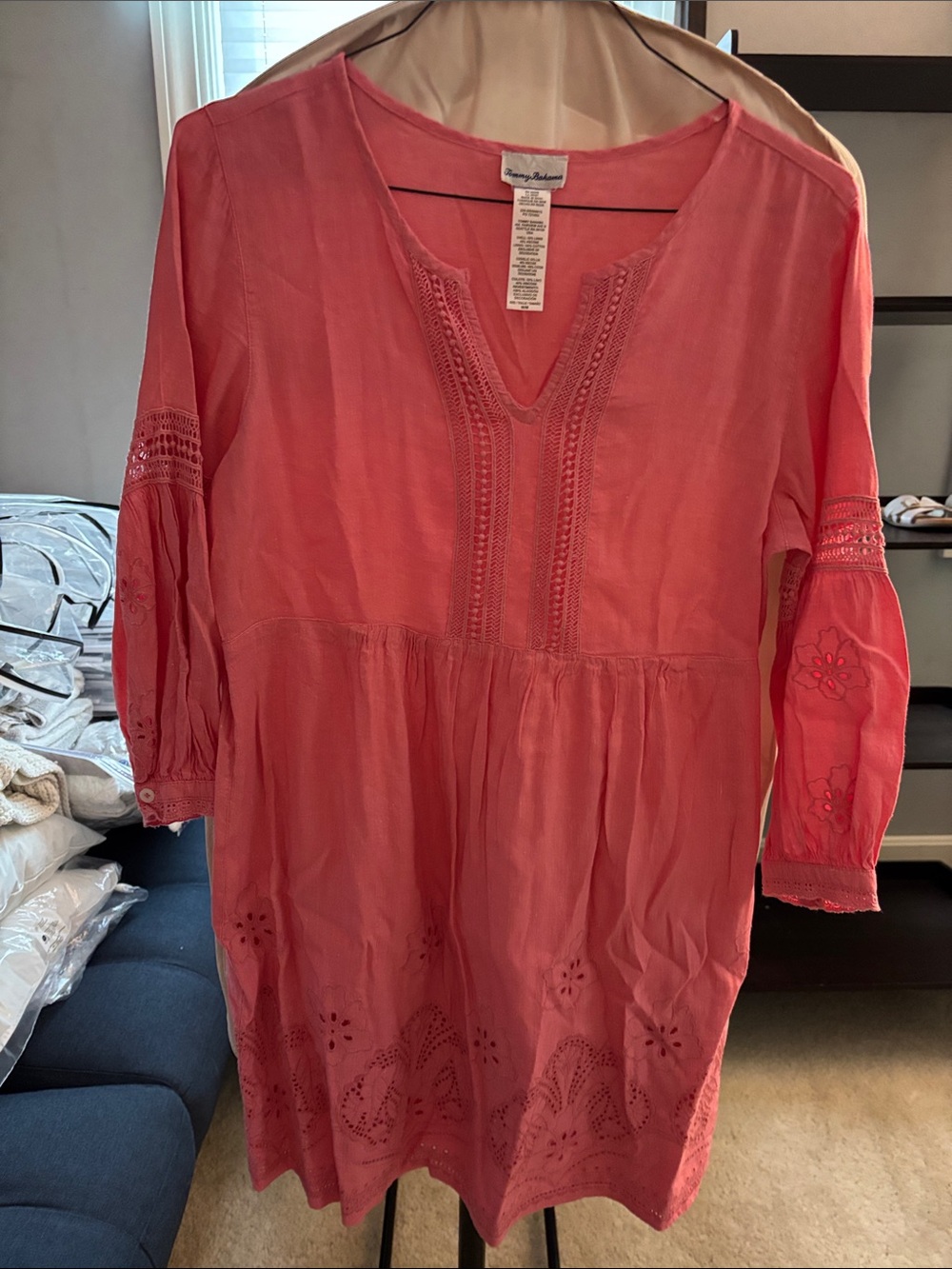 Tommy Bahama Coral Pink Embroidered V-Neck Tunic